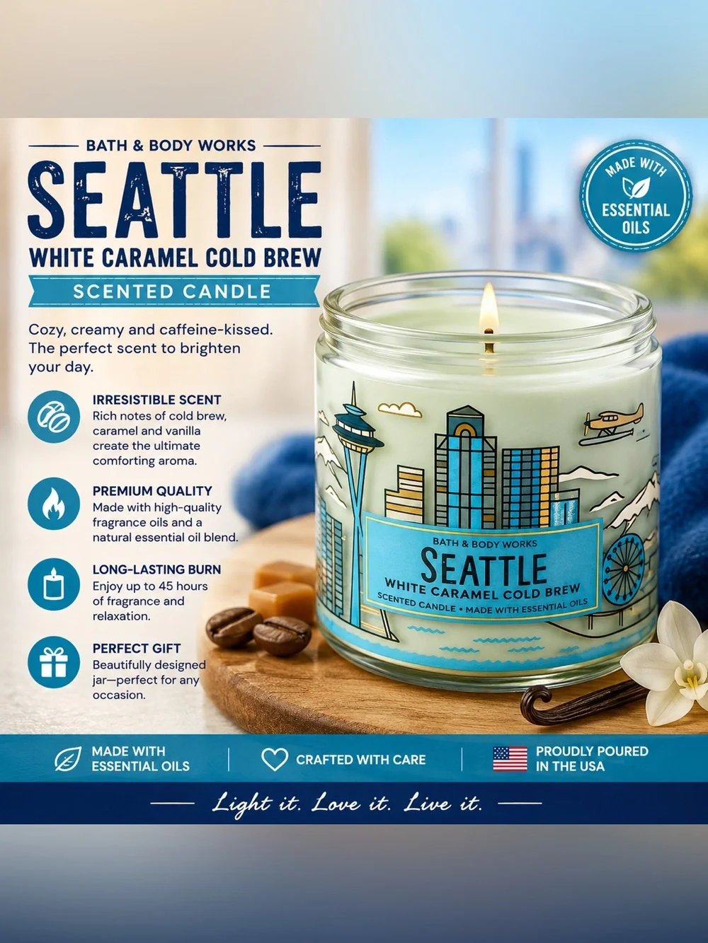 Bath & Body Works Seattle White Caramel Cold Brew Candle - Cream & Blue Label